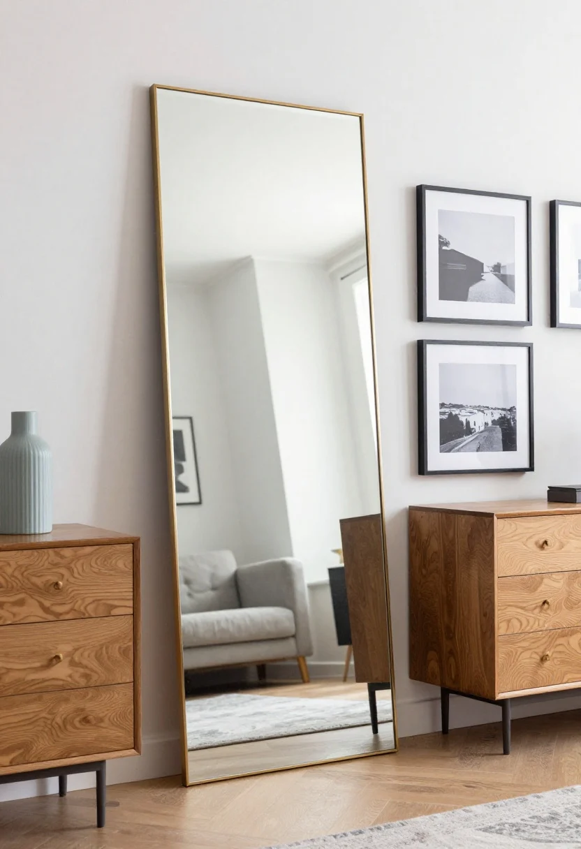 Medium shot: Curated art and a large mirror against Urban Bronze walls—one oversized floor mirror with a thin brass frame leaning by a dresser, and a pair of framed black-and-white photographs with light backgrounds hung nearby. Natural light amplifies brightness and height; sleek float frames keep it streamlined.