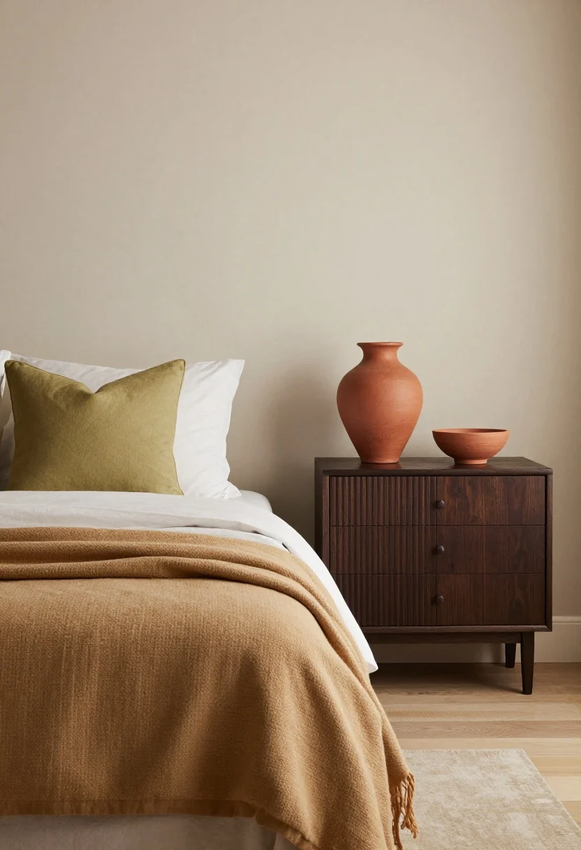 Medium shot: Earthy accent colors layered across the bed and dresser—olive lumbar pillow, camel throw, terracotta vase on the nightstand, and a small clay bowl. Show one dominant accent (e.g., olive) and a secondary whisper shade (e.g., terracotta) repeated at least three times across the scene. Urban Bronze backdrop, warm natural light.
