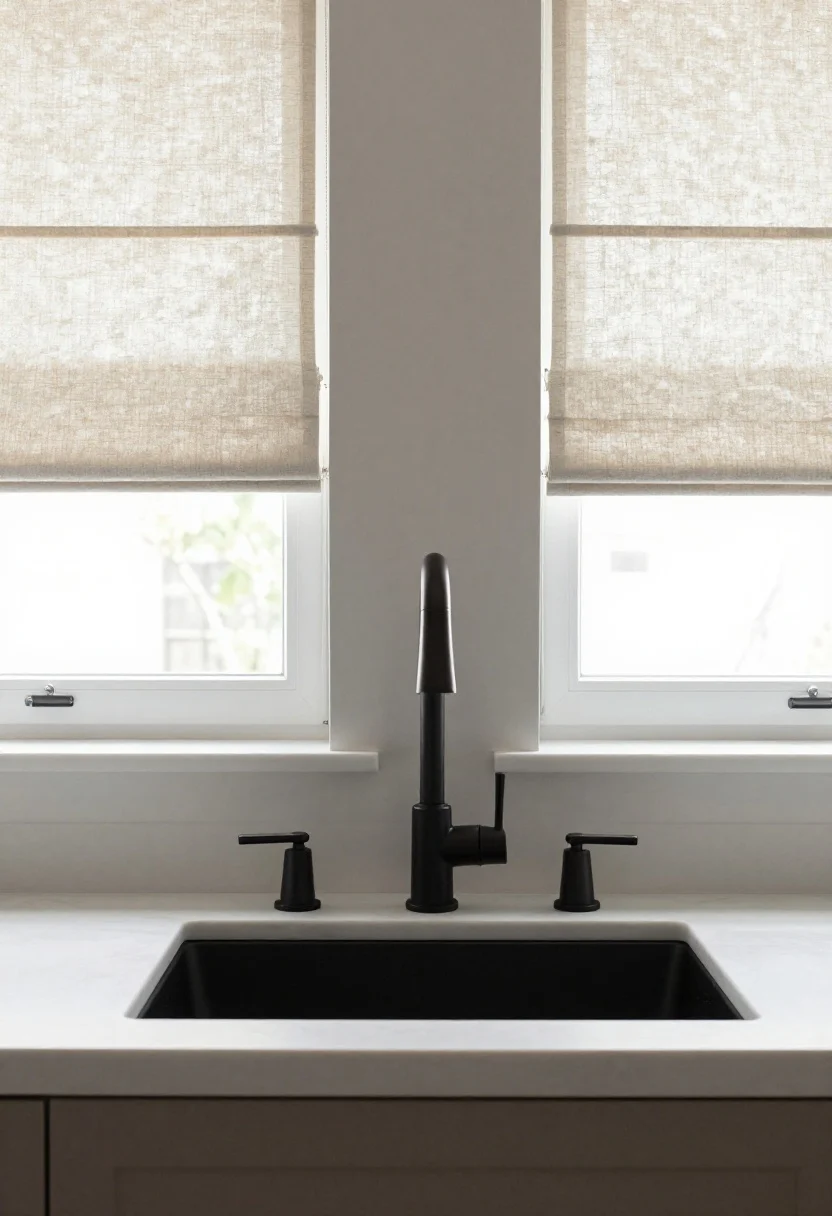 Medium shot focused on the sink wall: windows dressed with simple neutral linen Roman shades (or minimal roller shades), no fussy valances; a statement single-hole pull-down faucet in matte black or brushed nickel over a deep single-bowl sink; nearby cabinet hardware coordinates in undertone without being too matchy; clean counters, soft daylight highlighting the faucet’s silhouette.