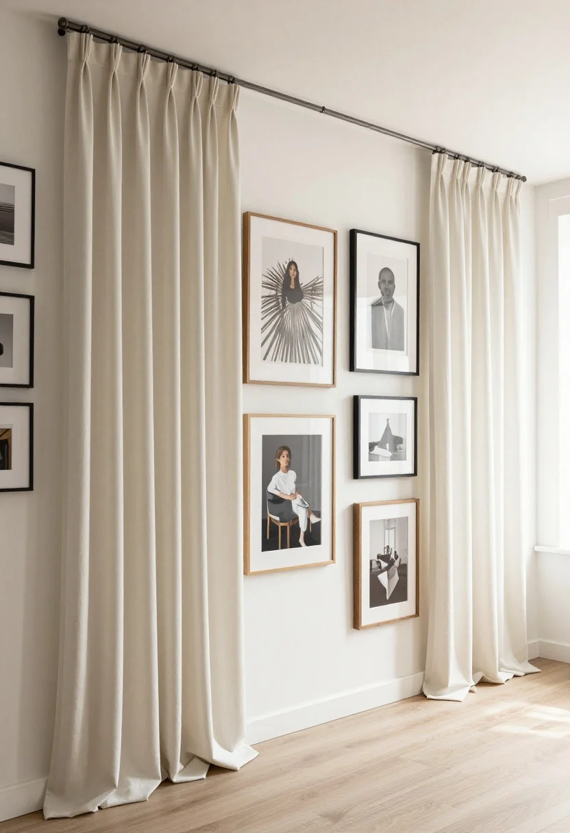Medium shot focusing on vertical guidance: Art and drapery uniting split levels—stair-step gallery wall with frames in consistent finishes, varying sizes creating a gentle climb; curtain rods mounted high on both levels at a visually aligned elevation, long full-length panels slightly puddled on the floor; one large hero artwork visible from both zones acting as an anchor; bright but diffused daylight, photorealistic.