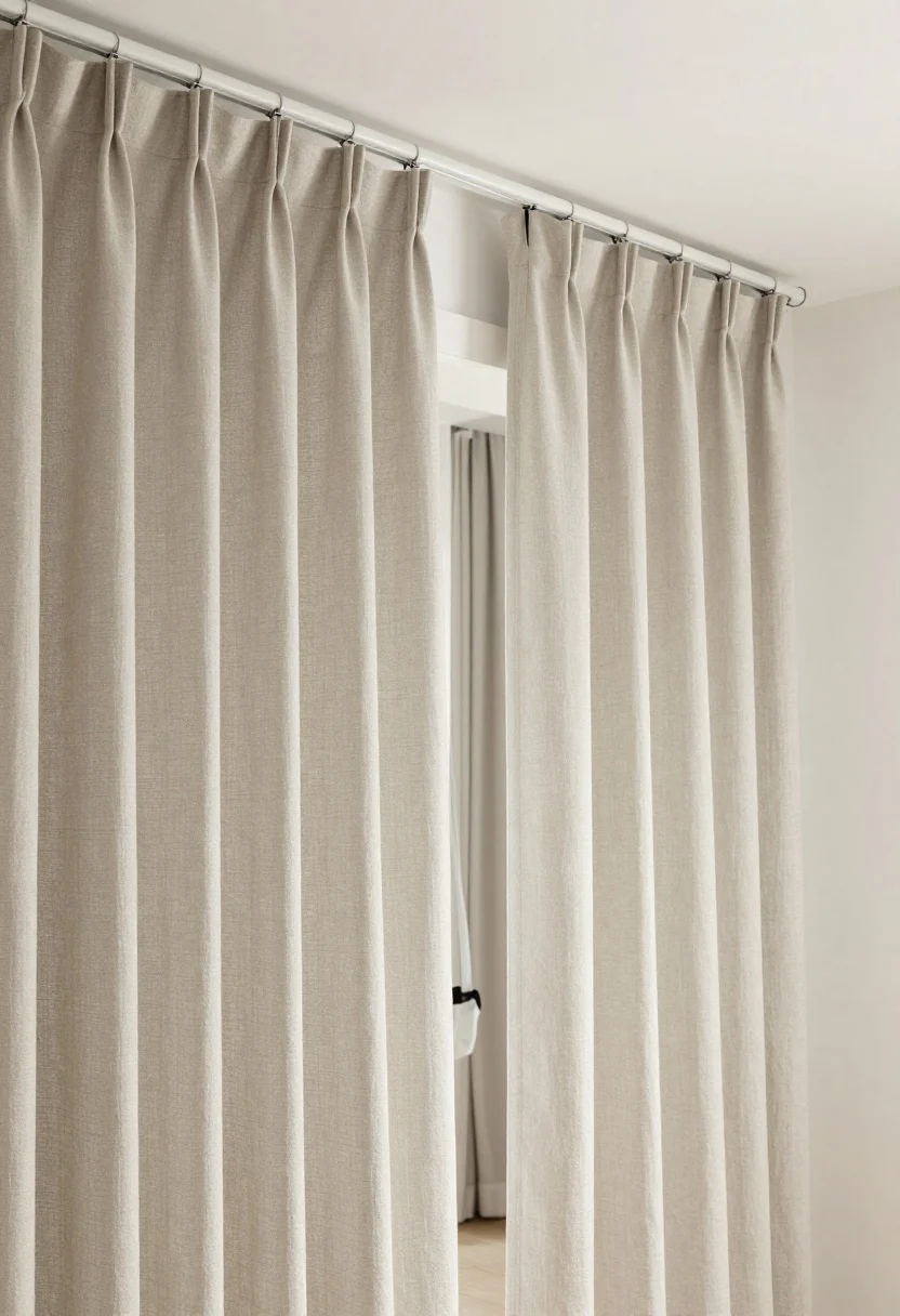 Medium shot from a corner angle of a doorway fitted with a ceiling-mounted curtain track running wall-to-wall and floor-to-ceiling, hung with double-lined linen panels in a soft neutral. Show blackout/thermal lining peeking subtly at the edge, matte white track matching the ceiling, and black clip rings for easy swapping. The panels pool slightly at the floor, visually softening the opening and reducing echo; a faint draft-blocking feel implied by the heavy fabric. Daylight diffused through the linen, room beyond still visible but private. Include tiebacks resting on a nearby hook, photorealistic, cozy and intentional.