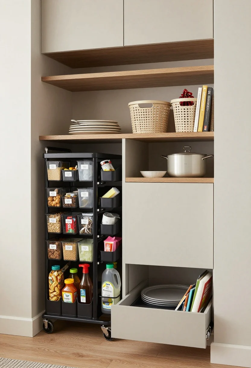 Medium shot from a doorway angle featuring sneaky storage solutions: a narrow rolling utility cart parked beside the fridge loaded with grains, snacks, and produce in labeled bins; under-sink cabinet open to reveal stackable caddies for cleaning supplies, trash bags, and sponges; above-cabinet ledge with neutral lidded baskets storing a stockpot and holiday platters; a toe-kick drawer slightly open showing sheet pans; and a slim high shelf above the doorway holding cookbooks and extra paper towels. Clean, practical styling, even natural light, cohesive neutral containers.