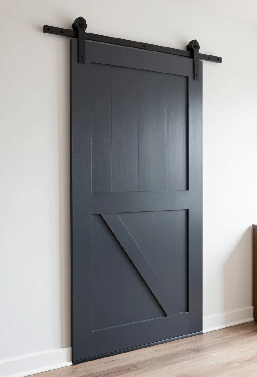 Medium shot from a slight angle of a removable barn door setup: a painted 1x4 header board color-matched to the wall, adhered with removable strips and a couple of tiny trim screws; a lightweight hollow-core slab door hanging on sliding barn door hardware with a soft-close add-on. An adhesive-backed removable floor guide keeps the door stable. Hardware finish echoes other fixtures in the room (e.g., matte black). The door is painted the same hue as the wall for a seamless, custom look. Clean lines, landlord-safe cues visible, evenly lit with natural light, photorealistic.