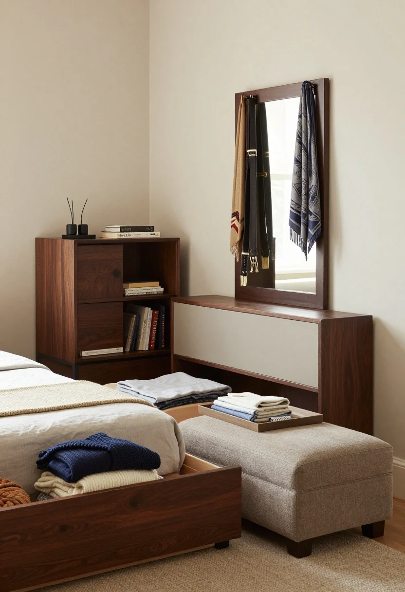 Medium shot from the bed foot: Double-duty furniture showcased. A storage bed with a partially open drawer revealing folded bulky knits and spare linens; closed-front nightstand with a door concealing chargers and books; a wall-mounted mirror with a slim hidden rail behind it holding belts and scarves; an upholstered ottoman at the foot of the bed opened to show throws, with a tray on top. Closed storage predominates; warm, diffused lamp light adds a cozy, clutter-free vibe.