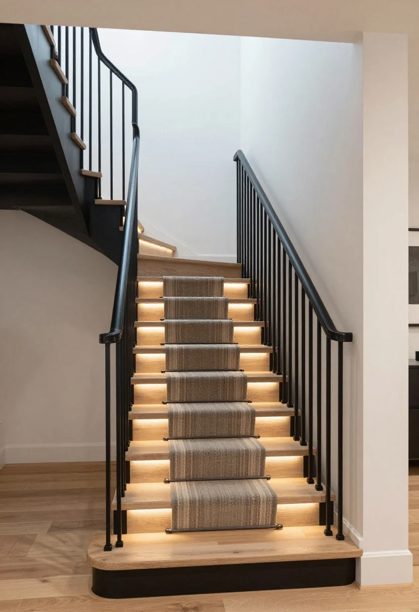 Medium shot from the side of the staircase: Stairs as a feature with a subtle striped stair runner elongating the run; skinny matte-black metal balusters replacing chunky railings; stained wood treads matching floor tone; open risers for an airy feel (code-compliant look); warm LED strip lighting tucked under each tread creating a soft evening glow; wall-mounted matte-black handrail; modern, clean lines, photorealistic.