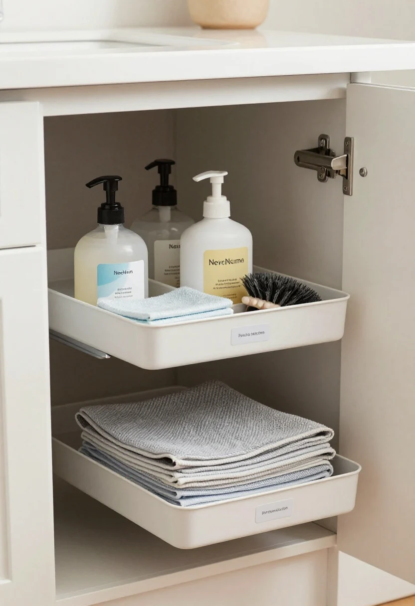 Medium shot, front-and-center view of a pull-out daily caddy placed near the most-used door: inside are pump-bottle dish soap, an all-purpose cleaner, neatly folded microfiber cloths in two colors (one for kitchen surfaces, one for floors), and a small scrub brush; the rest of the cabinet is blurred but tidy; neutral bins and labels maintain cohesion, with clear, practical light and a grab-and-go vibe.