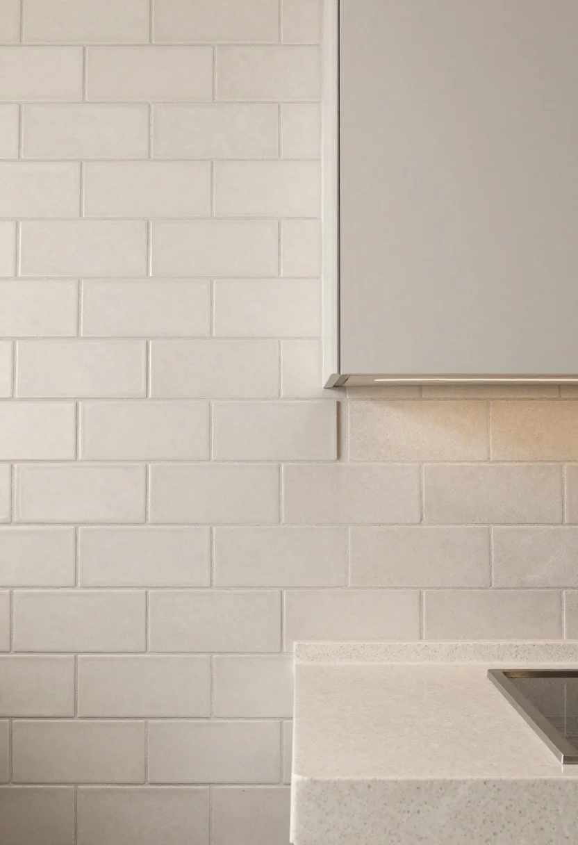 Medium shot of a calm, tonal backsplash solution: matte zellige subway tiles in a color that complements light quartz counters, stacked horizontally with minimal grout lines; an adjacent area shows a large-format porcelain panel, and behind the range a stone slab backsplash for a luxe look; soft, satin sheen under warm under-cabinet lighting; no busy mosaics, focus on quiet texture and tone-on-tone palette.