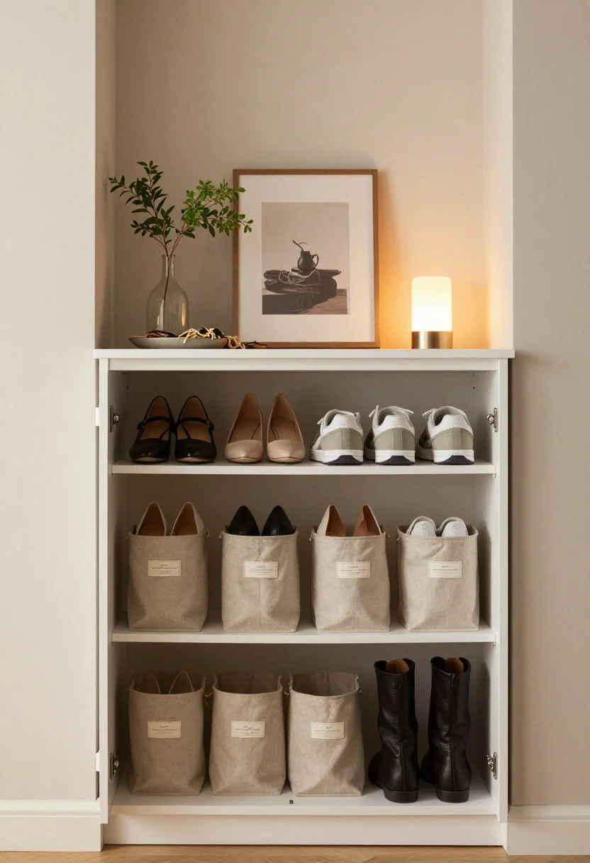 Medium shot of a styled entry cabinet vignette: on top, a tiny bud vase with greenery, a small framed print leaning against the wall, a shallow tray corralling stray laces, and a small warm-glow lamp creating a cozy vignette; cabinet doors open below to reveal adjustable shelves optimized for fit—heels staggered toe-to-heel, sneakers lined in precise rows, tall boots upright with boot shapers; neutral fabric bins with clean adhesive labels add uniformity; mixed open display on top and closed storage below; soft, warm ambient lighting; photorealistic.