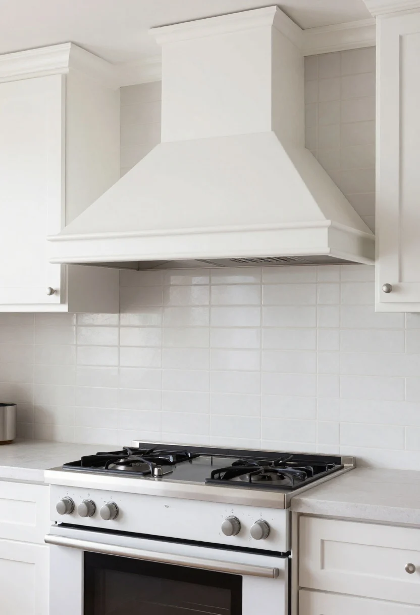 Medium shot of the cooking wall: a proper wall-mount vent hood in matte white with simple trim centered over a range, full-height tile backsplash creating a statement; the microwave relocated to a lower cabinet with a trim kit or a microwave drawer in the island; clean sightline, generous vertical space above the range showcasing tile and hood; soft, even task lighting from the hood.