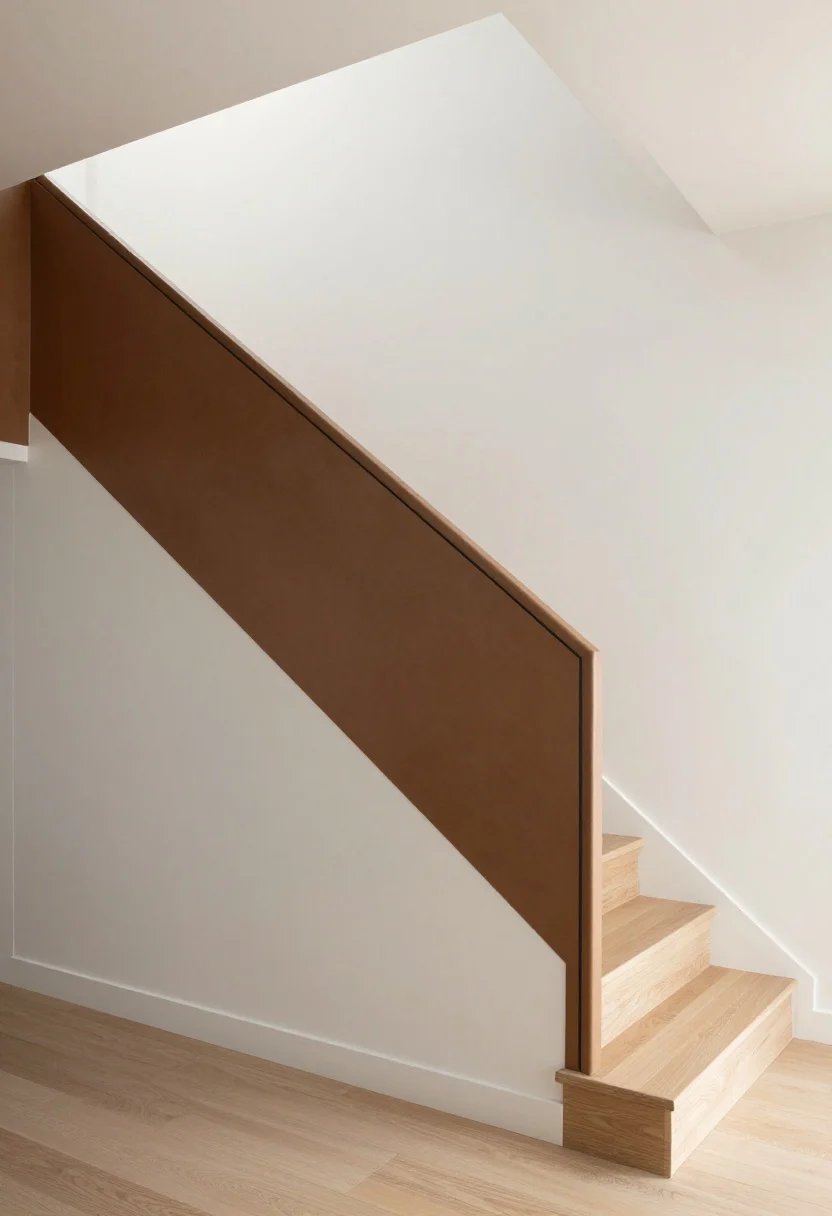 Medium shot of the stair wall and adjacent spaces: A color bridge across levels—consistent wall color in warm white throughout, with a tone-on-tone accent on the stair wall creating a gentle gradient; dominant palette of warm whites, soft clay, and black accents; darker tones low, lighter tones high to lift the eye; textures as color with natural wood and woven fibers adding warmth; even daylight, photorealistic.