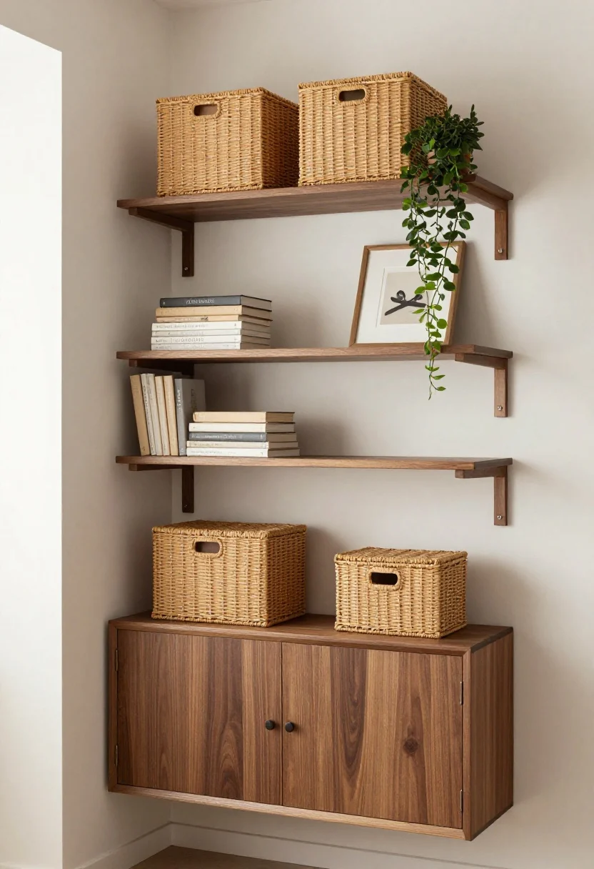 Medium shot of vertically layered storage following the 60/30/10 rule: a tall wall-anchored unit in warm walnut with 60% closed (lidded woven baskets and a cabinet with doors), 30% open (neatly stacked books, a framed art piece, and one trailing plant), and 10% intentional negative space on a shelf; subtle asymmetry with shelves mounted slightly off-center in a tight corner; visible L-brackets and wall anchors for safety; textures include woven baskets and matte boxes; calm, curated mood; soft ambient daylight, photorealistic.