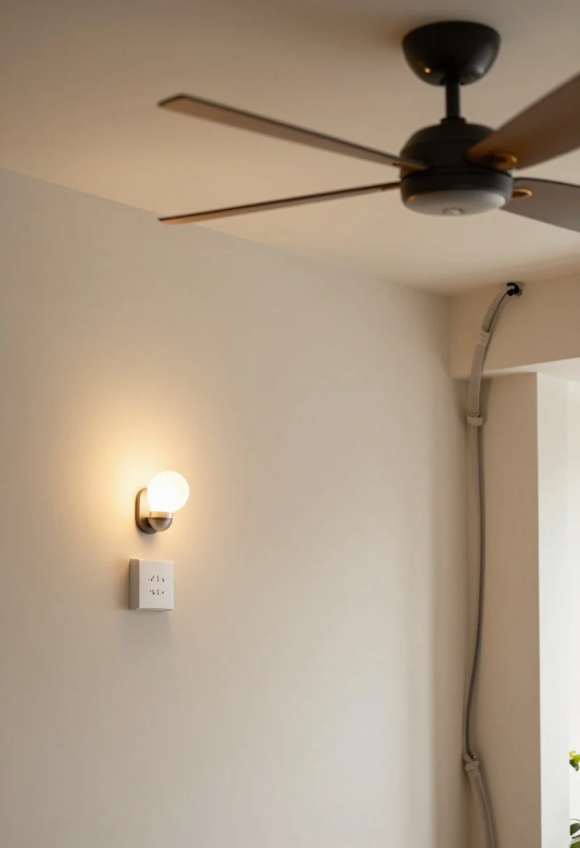 Medium shot: Soft technology and smart comfort—discreet smart dimmer switch on the wall, warm-glow dimmable LED bulbs in fixtures, and a low-profile ceiling fan in matte black or brass blending into the ceiling. Cords are hidden with a fabric-wrapped cover routed behind furniture. Scene presets implied by lighting levels (“Wind Down” at 30% glow).