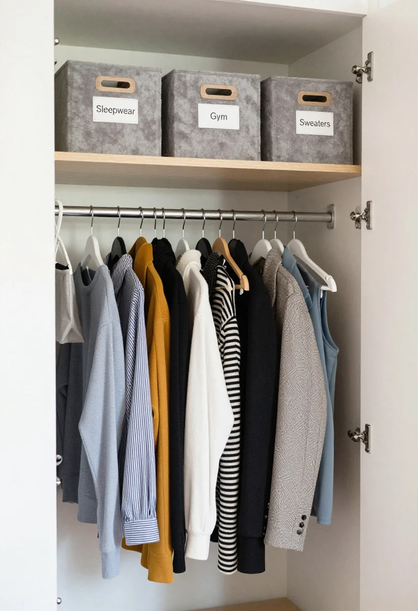 Medium shot, straight-on: A compact closet styled like a boutique. Uniform slim velvet hangers create a clean row; a short front-facing rail displays a few “hero” pieces facing forward. Upper shelf has labeled fabric bins (“Sleepwear,” “Gym,” “Sweaters”) separated by shelf risers. A small hanging donate bag tucked on a hook. Seasonal rotation evident with current items at eye level, off-season bins up high. Bright, even closet lighting; everything visible and reachable.