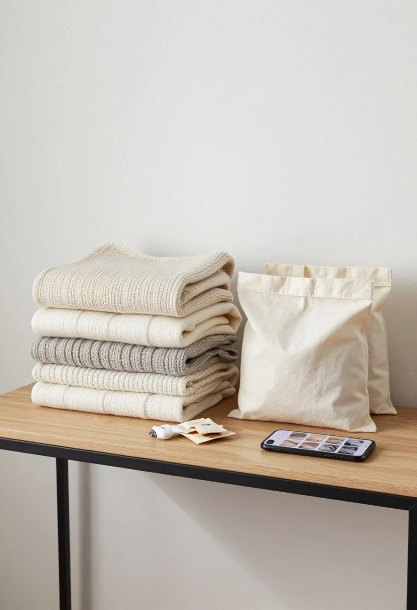 Medium shot, straight-on: A console table styled for seasonal rotation—a stack of freshly laundered knits folded (not hung) beside breathable cotton storage bags and cedar sachets; a gentle fabric shaver and small sewing kit lay ready for quick repairs; a smartphone on the table displays a photo grid of the blanket collection. Soft, bright light suggesting a tidy ritual, with a mix of cozy winter knits and breezy summer throws.