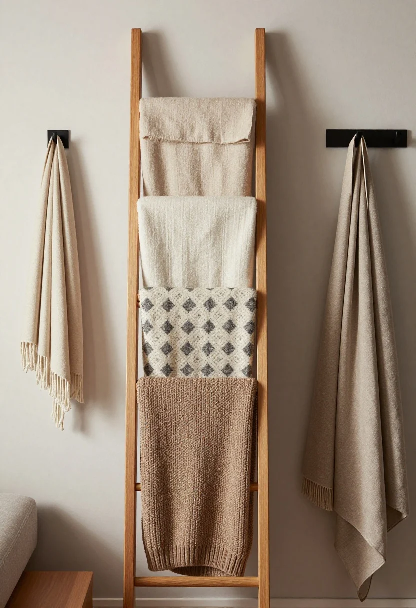 Medium shot, straight-on: A slim wooden blanket ladder beside a sofa, wood tone echoing the coffee table; throws arranged by weight top-to-bottom—top rung holds a lightweight linen-blend in pale beige, middle a patterned cream-and-charcoal throw, bottom a heavier chunky knit in warm taupe. On an adjacent wall, two matte black hooks hold a light scarf-weight throw; inside a nearby wardrobe door (slightly ajar), cotton straps loop a folded throw over two wide hooks. Soft, directional light for shadow and depth.