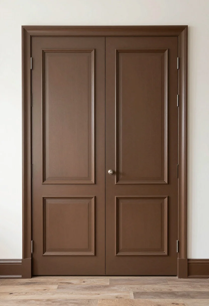 Medium shot, straight-on: Architectural details painted in Urban Bronze—a paneled headboard wall with skinny picture-frame molding and slim board-and-batten profiles. The door painted to match for a seamless, luxe look. Side lighting reveals subtle shadow play across the trim, minimalist styling to let the millwork shine.