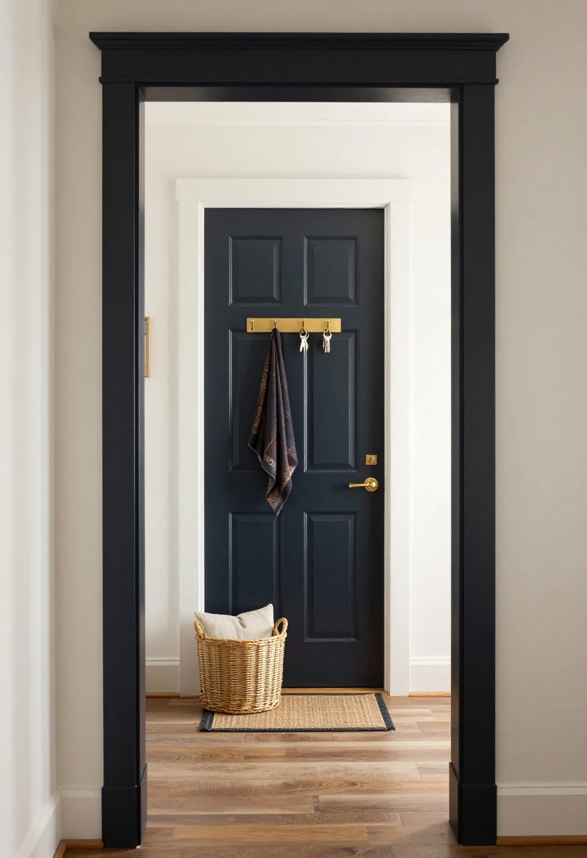 Medium shot, straight-on, styling the temporary door as if it were always intended: the doorway framed by trim color that matches nearby elements; the door fabric or paint color echoed in a throw pillow and small art piece within line of sight. A small hook rail with keys and scarves and a woven basket below create a mini-entry; a slim runner defines a visual threshold. Hardware finishes (black, brass, or chrome) repeated across hooks and curtain/barn door hardware for cohesion. Warm, inviting natural light, polished and intentional, photorealistic.