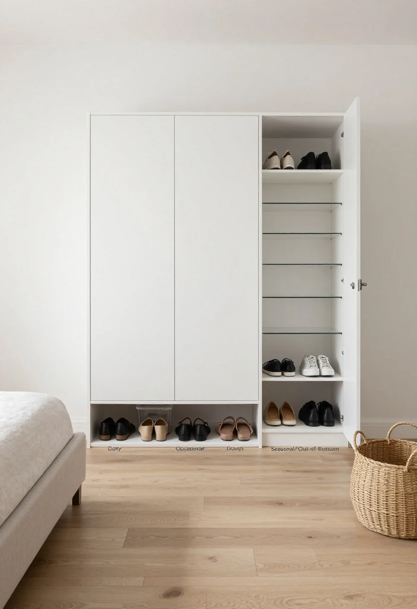 Medium shot, straight-on view of a minimalist bedroom floor with three neat piles of shoes labeled “Daily,” “Occasional,” and “Seasonal/Out-of-Rotation,” showcasing about 12 accessible pairs; include a slim white shoe cabinet against the wall, clear under-bed bins peeking from beneath a low upholstered bed, and acrylic closet shelf dividers on an open wardrobe shelf; neutral palette with soft natural morning light, matte white walls, pale oak floor, subtle texture on woven baskets; no people, photorealistic.