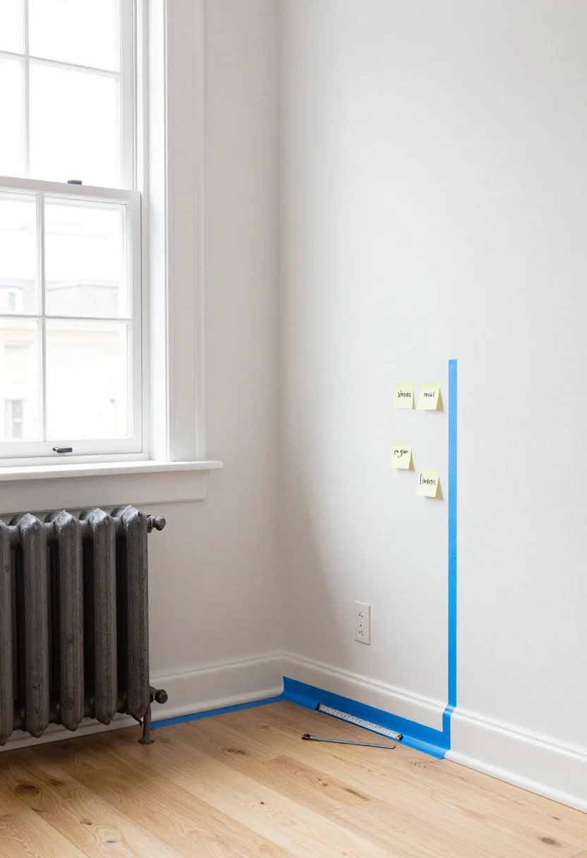 Medium shot, straight-on view of an awkward home corner between a white-trimmed window and an old cast-iron radiator on a soft white wall; blue painter’s tape outlines potential storage footprints on a light oak floor, sticky notes label “shoes,” “mail,” “pet gear,” and “linens” on the wall, and a metal measuring tape lies extended to quarter-inch marks next to visible baseboards and an outlet; natural daylight from the window reveals traffic clearance space wide enough for a laundry basket to pass; mood is practical and analytical, photorealistic, no people.