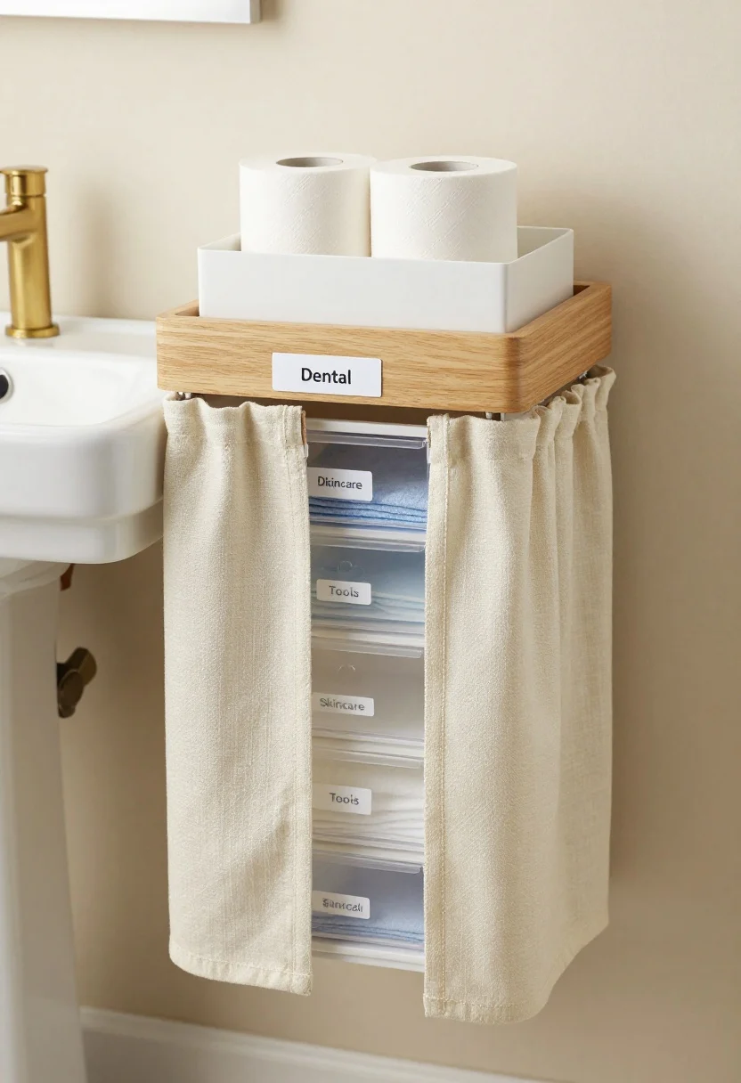 Medium shot under a pedestal sink converted into a stealth vanity: a tailored curtain skirt in natural linen attached with adhesive Velcro, slightly parted to reveal stackable clear drawers labeled “Dental,” “Skincare,” and “Tools,” a narrow bin with toilet paper rolls stored upright, and a small riser shelf doubling space for folded washcloths and refills. White-on-clear labels, light wood accents, brushed brass faucet visible above. Warm ambient bathroom lighting, tidy and streamlined cottage-chic mood.