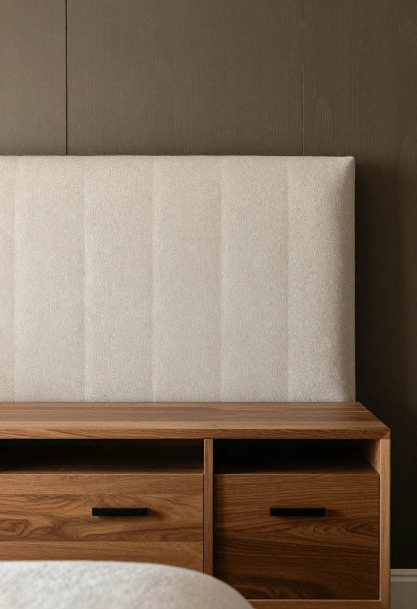 Medium shot: Upgraded headboard and nightstands—the bed features a tall boucle or channel-tufted headboard in a soft neutral, flanked by sleek warm-wood nightstands with closed storage and matte black pulls. Nightstand tops align with the mattress height. Urban Bronze wall behind enhances refinement.
