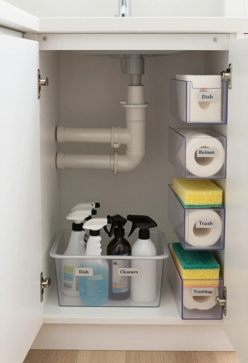 Medium, straight-on view inside an under-sink cabinet showcasing pipes as the central “no-crush” zone; slim narrow bins tucked along both sides, a short bin in the center under the pipe maze holding laid-on-their-side spray bottles, and a stack of modular drawers on one side with tall space for paper towels and extra sponges; adhesive front labels reading “Dish,” “Cleaners,” and “Trash Bags” are crisp and legible; neutral white and clear storage, bright and functional lighting.