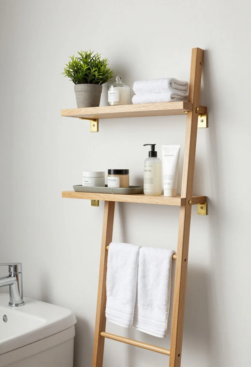 Medium, straight-on wall vignette above a toilet: slim floating shelves in light wood with brushed brass brackets and a narrow wall ladder rack beside the sink. Top shelf styled with a small potted plant and a candle next to a lidded glass jar of cotton rounds and a backup hand soap. Middle shelf holds a tray with everyday face wash, toner, and body lotion; tray catches subtle drips. Ladder rack shows two neatly hung bath towels and a quick-dry hair towel on a lower rung. Monochrome labels facing forward, soft diffused daylight, clean white walls, styled-not-cluttered vibe.