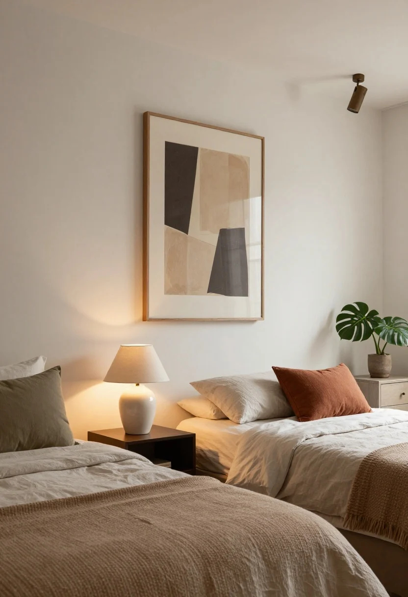 Medium styling shot, calm and luxe: A small bedroom vignette with disciplined color palette—warm white walls, clay accent throw, muted sage cushion. One large-scale art piece above the bed instead of a gallery wall. Texture stack visible: linen duvet with a nubby throw and a smooth ceramic table lamp on a closed nightstand. A single medium, easy-care plant on the dresser. Three light sources present—overhead, sconce/task, and ambient lamp—with dim, warm illumination that glows rather than glares.