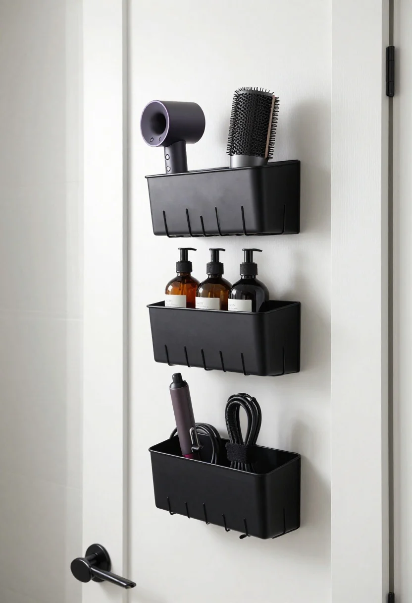 Narrow vertical shot of the back of a bathroom door: an over-the-door rack in matte black with adjustable wire baskets. Top basket holds a hairdryer and diffuser in a heat-safe sleeve; middle basket hides tall bottles (body oil, extra shampoo); lower section features command hooks with a curling iron and straightener, cords neatly looped with Velcro ties. Check door clearance with a sliver of wall visible, crisp white door, intentional hardware aesthetic, even natural light.