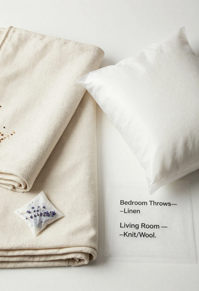 Overhead close detail: An arrangement showcasing freshness tips—two folded blankets placed into breathable linen bags with cedar and lavender sachets nearby; a labeled vacuum bag for off-season storage sits to the side. Tags read “Bedroom Throws—Linen” and “Living Room—Knit/Wool.” Clean, bright lighting emphasizes texture and the breathable materials; no people present.