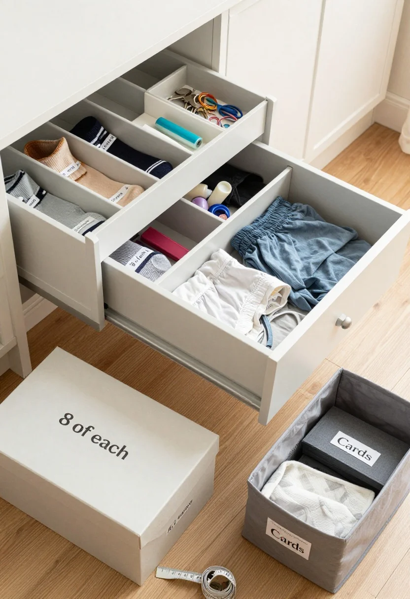 Overhead detail shot: A neatly organized top drawer with dividers showing exactly “8 of each” socks and underwear, next to a shallow catchall tray holding keys, lip balm, and hair ties as a decant station. Nearby on the floor, a labeled underbed bin slightly pulled out for off-season clothing, plus a small box labeled “Cards.” Neutral materials, slim storage boxes, and a measuring tape set beside the containers. Soft natural light, clean and intentional.