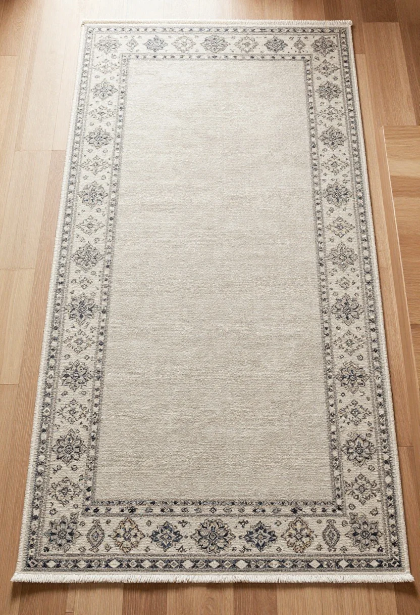 Overhead detail shot: Coordinating rugs used to zone, not separate—a large low-pile rug on the lower seating area with a small-scale pattern, and up top a smaller runner or rug with a larger-scale cousin pattern in the same color family; visible rug pads at edges preventing sliding near the landing; textures crisp and flat near stairs for safety; natural light grazing the fibers, photorealistic.