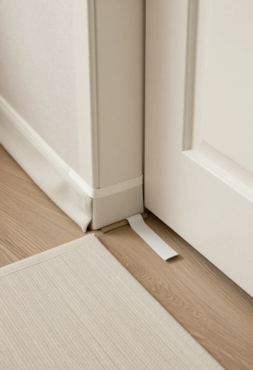 Overhead detail shot focused on performance elements at the temporary doorway: a thick curtain hem with discreet weights sewn in, an adhesive weatherstripping strip neatly applied along the jamb, a slim draft stopper at the base, and a textured runner positioned to absorb footsteps. Include a corner of an acoustic felt square hidden behind nearby artwork, hinting at echo control without studio vibes. Fabrics: thermal or acoustic lining in a neutral tone, opaque for privacy. Soft, diffused lighting emphasizing textures and materials, photorealistic.