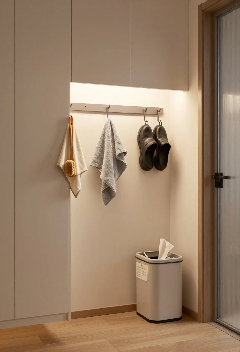 Overhead detail shot of a nightly maintenance setup on an entry surface: a microfiber cloth and small shoe care kit open with brush and quick-shine cloth hanging from a door hook edge in frame, a couple of pairs being returned to an open rack, and a tiny trash bin nearby with tags and tissue; floor visible and uncluttered to reinforce calm; soft evening lamp light creates a warm, low-lift mood; neutral colors, clean lines; photorealistic.