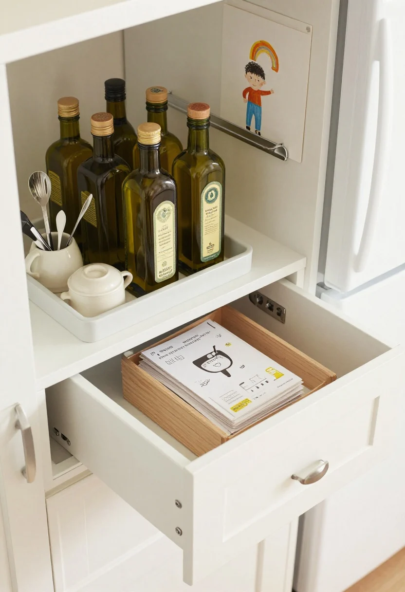 Overhead detail shot of organization wins: a tray corralling olive oil bottles near the stove, a ceramic utensil crock with a few essential tools, mail sorted into a basket inside an open cabinet door (not on the counter), and a magnetic knife strip on the backsplash; fridge door in background nearly clear with only one child artwork neatly placed; bright, clean, uncluttered feel.
