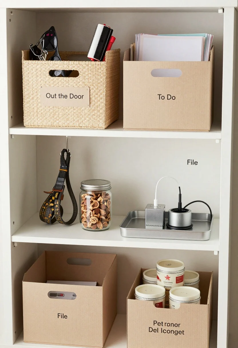 Overhead detail shot of smart storage zones labeled minimally: a top lidded basket tagged “Out the Door” holding keys, sunglasses, and a lint roller; two magazine files side by side labeled “To Do” and “File” with tidy papers; a small hook holding a dog leash, a glass jar of treats, and a metal tin of waste bags forming a pet command center; a slim tray with a multi-device charger and cord corral for a tech dock; a higher shelf with a box of holiday candles; clean labels, uniform and subtle; textures include woven fibers, smooth paperboard, matte metal; soft natural light; photorealistic.