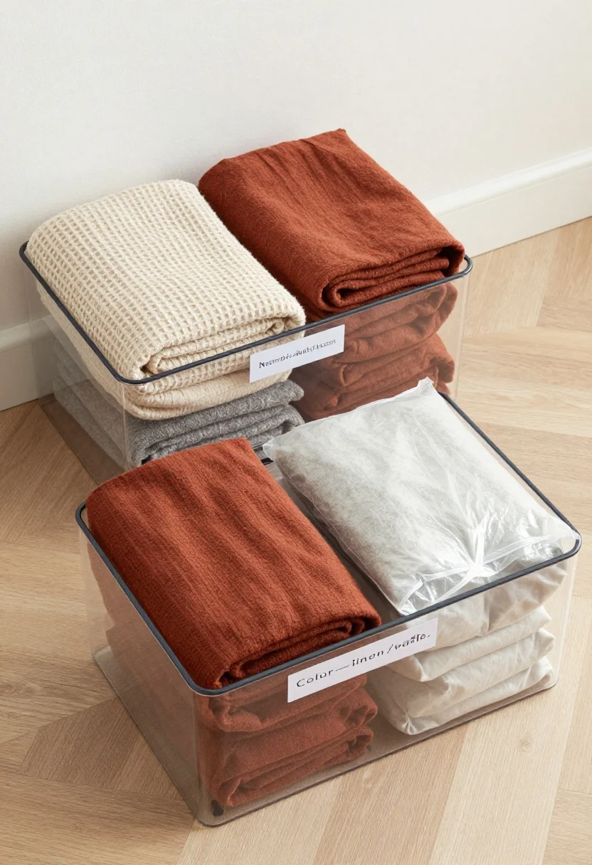 Overhead detail shot: Two labeled storage bins on a light wood floor—one clear-lidded “In-Rotation” bin containing 3–4 throws in seasonal colors and mixed textures (cream waffle weave, gray wool, subtle rust linen-blend), and one opaque “Archive” bin with vacuum-sealed bags. Adhesive labels read “Neutrals—knit/wool” and “Color—linen/waffle.” Even, bright natural light emphasizing organization and tidy boundaries.
