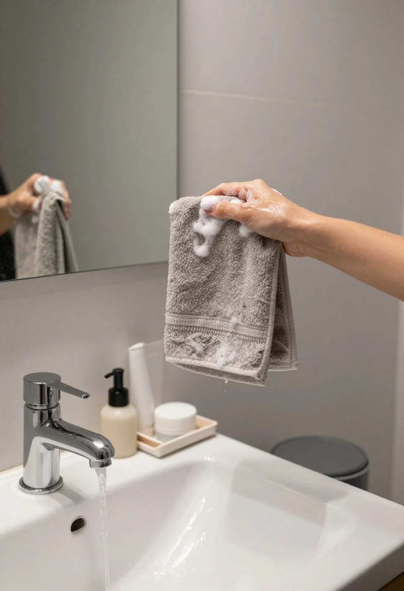 Photorealistic closeup of a bathroom swish-and-shine: freshly wiped mirror reflecting brighter light; a porcelain sink just rinsed, with a foamy hand-soap sheen disappearing down the drain; a neatly refolded hand towel in a muted, crisp color hanging straight. Daily-use items grouped on a small vanity tray (toothbrush, soap pump, minimalist skincare), and a tiny lidded trash can tucked discreetly beside the vanity. Clean, cool lighting with subtle sparkle, no visible grime.