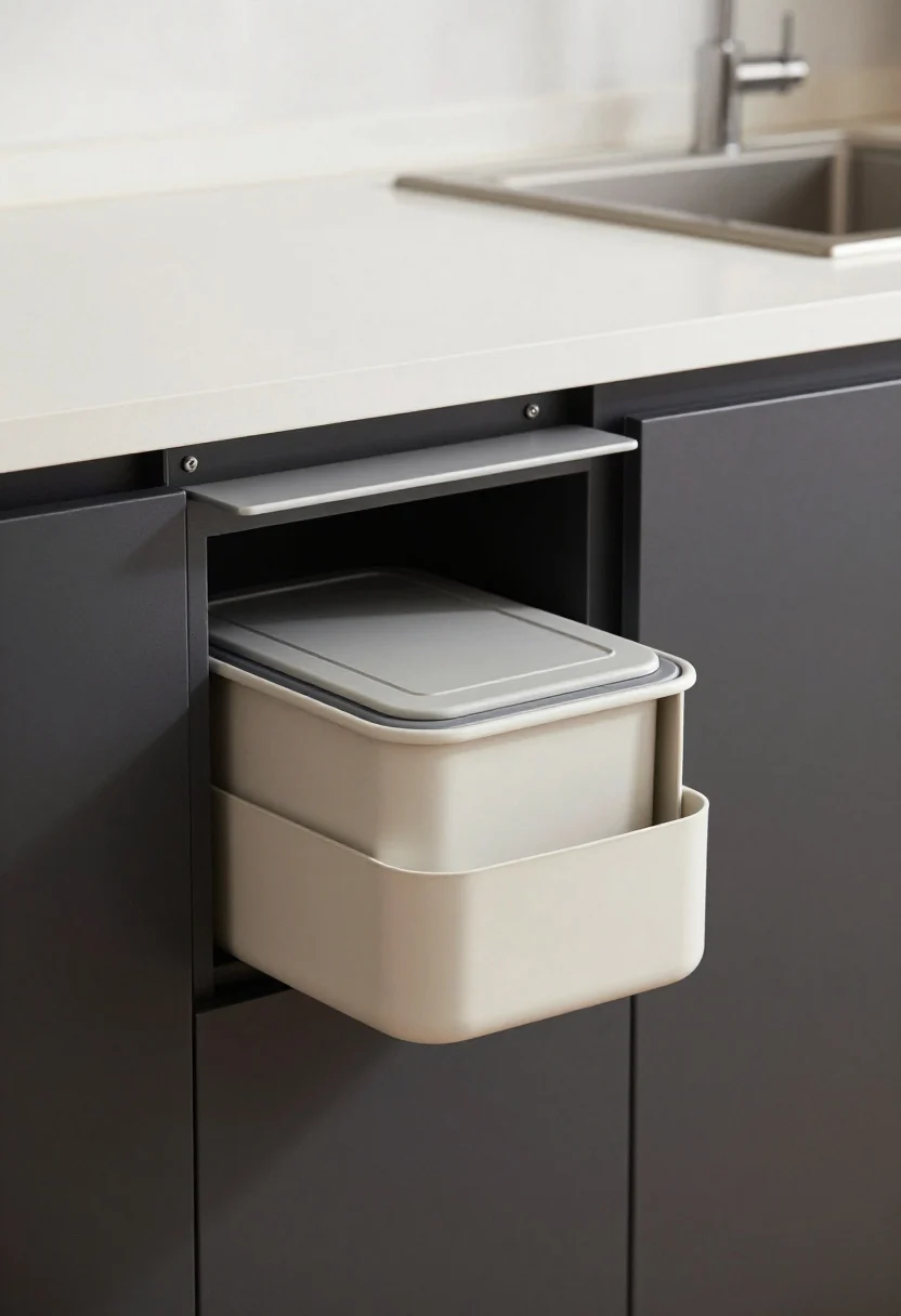 Photorealistic closeup of a micro kitchen solution: a minimalist wall-mounted bin with a tight lid and silicone gasket, installed on the side panel of an island to match matte black cabinet hardware. In the background, a base cabinet door opens to show a lightweight bag caddy for wrappers; above the counter a sleek rail system holds a small removable prep caddy. Focus on mounting brackets, clean edges, and shadow lines. Keep trash type light and dry. Neutral palette with soft directional light; no people.