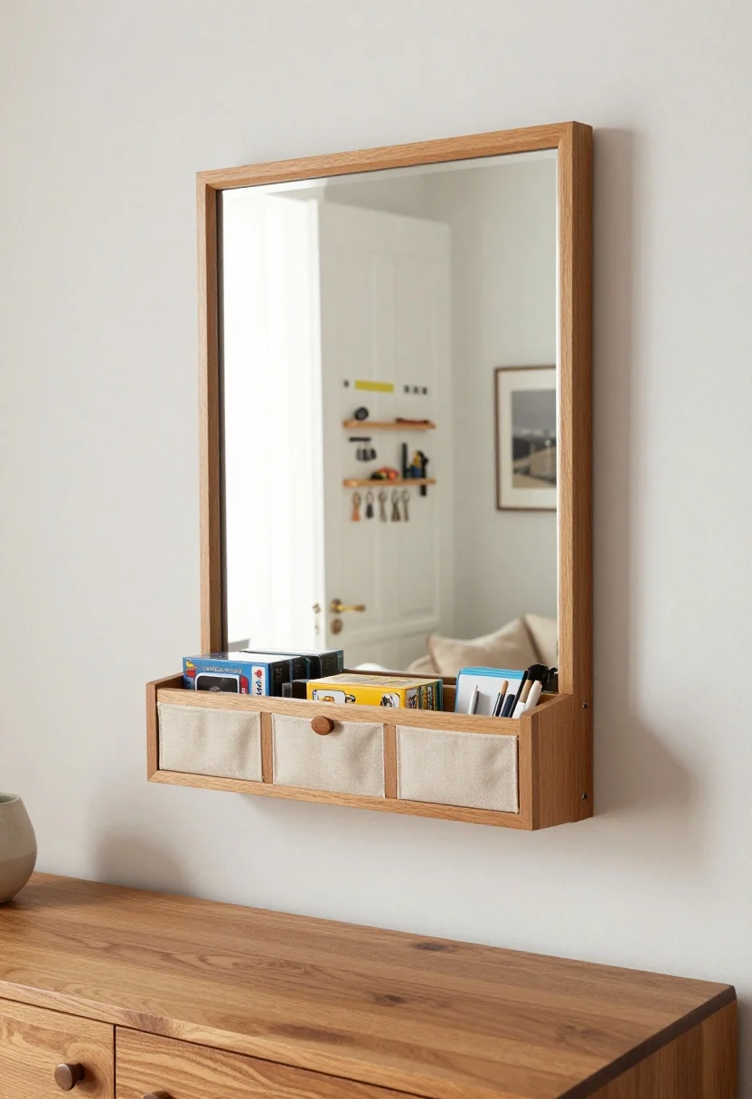 Photorealistic closeup of functional wall art: a medicine-cabinet-style storage mirror mounted at eye level reflecting a calm living room, door slightly ajar to reveal tiny tools, spare keys, and command strips organized on narrow shelves; beside it, two shallow wall-mounted wooden boxes with discreet doors that read as framed panels, one open to show neatly stacked board games and stationery; optional fabric wall pockets below for a softer look; finishes echoing the coffee table wood and frame tones; clean, gallery-like ambiance with even natural light.