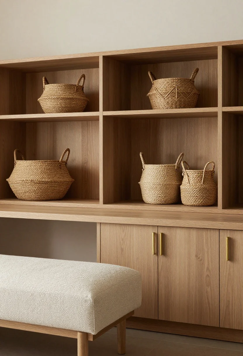 Photorealistic detail composite-style shot focusing on the Design Tweaks: low-profile furniture grouping to avoid crowding, matching wood tones repeated across a picture ledge, slim console, and wall boxes for a custom look; closeup of textures—woven seagrass baskets paired with a boucle-upholstered bench for cozy contrast without visual noise; soft neutral palette with subtle brass accents; gentle side lighting highlighting grain and fabric weave; tight framing on materials and finishes.