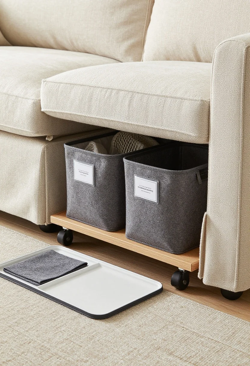Photorealistic low-angle closeup under a sofa revealing slim rolling bins and low-profile trays on casters storing off-season decor and spare throws; a skirted sofa with generous lift making space accessible; felt pads on casters visible to protect wood floors; clear labels on the underside of bins; nearby area rug edge lifted slightly to hint at a rug pad with pockets for flat items like folded play mats; diffused daylight, crisp detail of textures and labels.