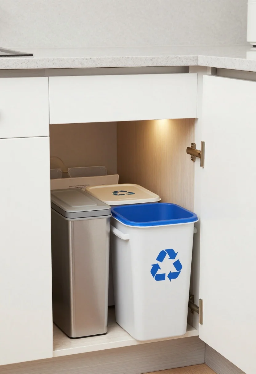 Photorealistic medium shot inside a modern small kitchen cabinet showing a pull-out trash system hidden behind a shaker-style white door, with a double-bin setup (trash and recycling) on a soft-close slide. One bin is slightly open with a labeled lid; the other shows a blue recycling symbol. Location options subtly implied: under-sink with visible P-trap clearance, next to a stainless dishwasher, or an end base cabinet with full-height pull-out. Include brushed nickel hardware, light gray quartz counters, and warm under-cabinet lighting. Add details like grippy handles, odor-control liner box tucked at the back, and a clean wood cabinet interior. Style is clean, minimal, and hygienic; no people.