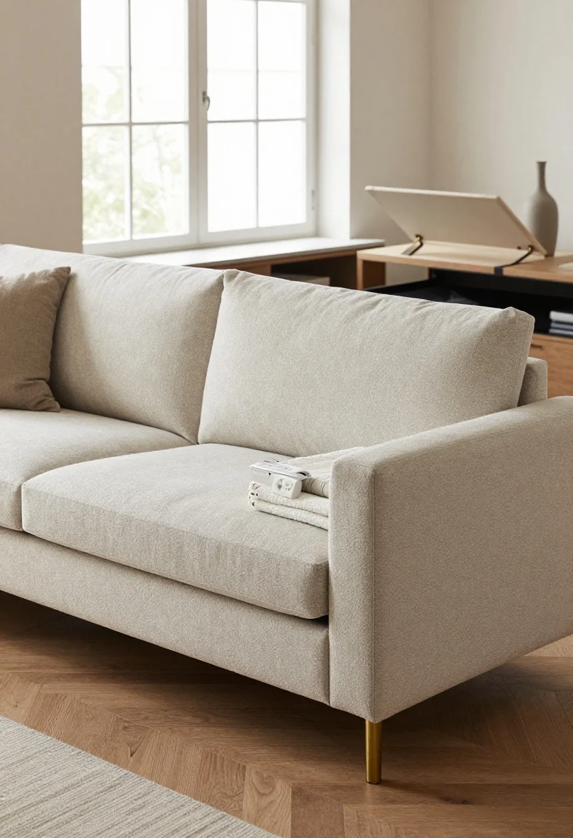 Photorealistic medium shot of a chic living room seating zone: a slim-leg sofa in performance fabric with subtle boucle texture, featuring under-seat drawers slightly open; a rectangular lift-top ottoman with soft-close, hinged lid raised to reveal neatly folded blankets, remotes, and chargers; a slim window storage bench with a lift-top under a bright window, soft natural daylight; legs and hardware in matching brushed brass for a custom look; cohesive neutral palette with warm wood tones; no people, clean styling emphasizing double-duty seating and hidden compartments.