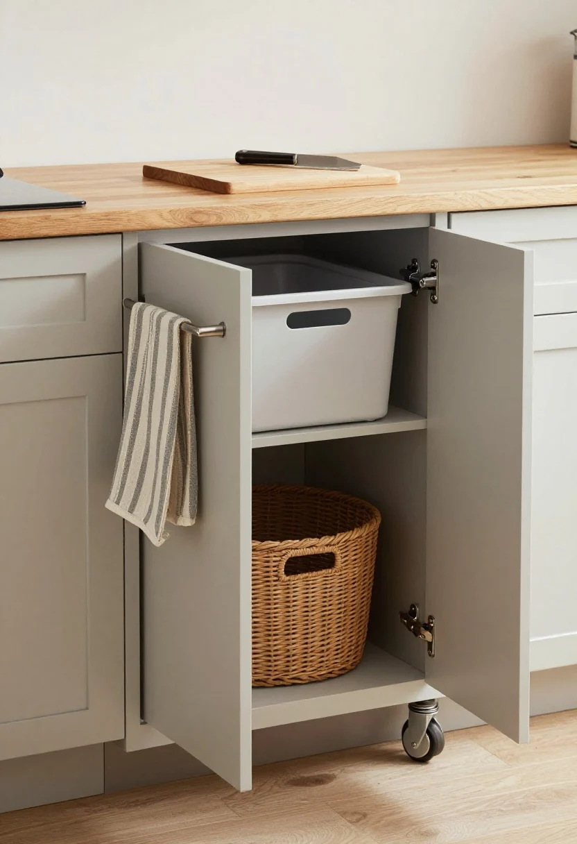 Photorealistic medium shot of a compact kitchen cart functioning like a micro-island, concealing trash. Closed-door cart with a painted base matching surrounding cabinets, butcher-block top kept clear for chopping, and a side towel bar with a striped dish towel. The cart door is open to reveal a concealed pull-out bin or a top trap-door detail; optional lower open shelf with a sleek bin camouflaged by woven baskets. Rolling caster wheels visible. Neutral palette with soft morning light; stainless accents to match appliances. Practical, tidy, and integrated look; no people.