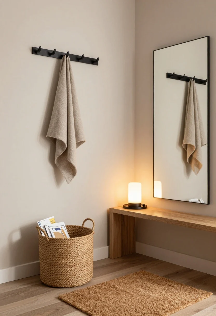 Photorealistic medium shot of a freshly reset entryway that creates an immediate warm first impression: a clean, light-neutral wall with matte black wall hooks holding a soft, neutral throw; a woven basket neatly corralling assorted mail beside a slim tray for keys on a small console; a freshly shaken coir doormat on a swept floor; a small warm-glow table lamp casting ambient, cozy light that reflects softly in a wiped, streak-free mirror above the console. Include textures of natural wood, woven fibers, and soft knit; color palette of warm neutrals, black accents, and soft amber lighting; shot from a slight corner angle to show the cleared entry path and prioritize what guests first see.