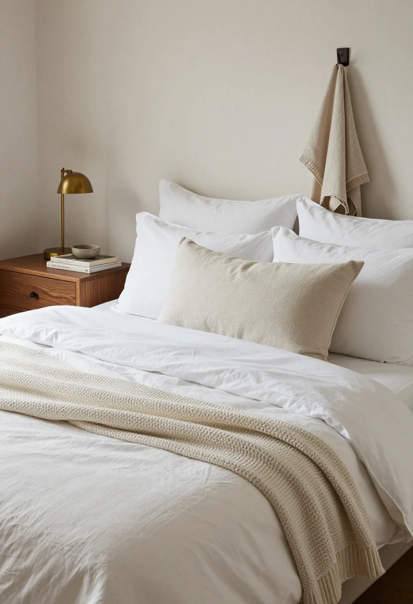 Photorealistic medium shot of a “lazy-luxe” bed: crisp white duvet slightly relaxed, a textured knit throw folded across the lower third adding depth; two vertical sleep pillows in cotton cases with one decorative pillow centered in front. Nightstand styled by the rule of three: a warm brass lamp, a single book, and a small ceramic bowl; everything else stashed. A valet hook on the wall holds tomorrow’s outfit instead of the chair. Soft natural daylight, quiet hotel-at-home mood, tactile fabrics highlighted.