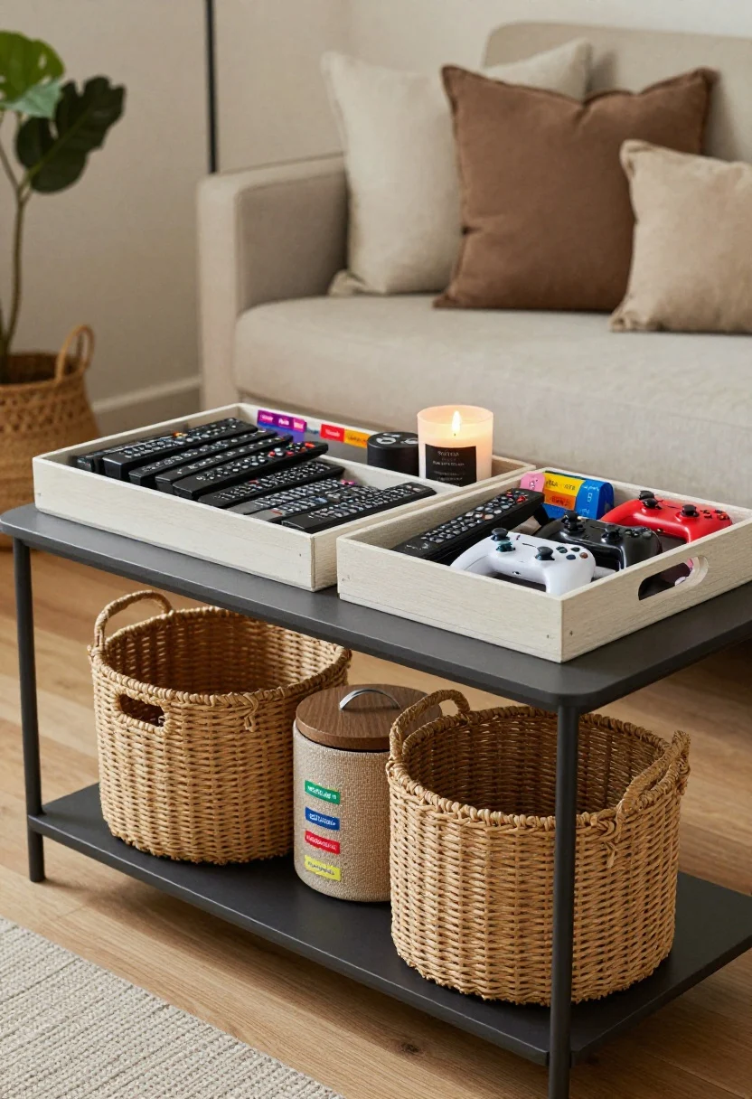 Photorealistic medium shot of a styled console and coffee table emphasizing clutter-as-style: multiple trays segmenting categories—one for remotes, one for candles, one for gaming accessories—on a matte coffee table; coordinated baskets in seagrass and canvas on lower shelves with lidded options for visual calm and open bins for grab-and-go; color-coded labels visible for quick identification; a consistent palette ties the room together; soft, diffused daylight; seasonal accents lightly displayed to avoid stuff creep.
