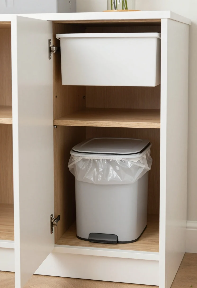 Photorealistic medium shot of a tall pantry cabinet opened to reveal a discreet trash zone on the lowest shelf: a lidded pull-out can with clear breathing room behind it so the lid opens fully. Inside of the door features mounted rolls of trash bags for quick relining. On an upper shelf, a small countertop-style compost caddy waits for transfer. Finishes: matte white cabinet exterior, natural wood interior, brushed hardware. Even ambient lighting with a touch of daylight; clean-lined, calm, and photogenic. No people.