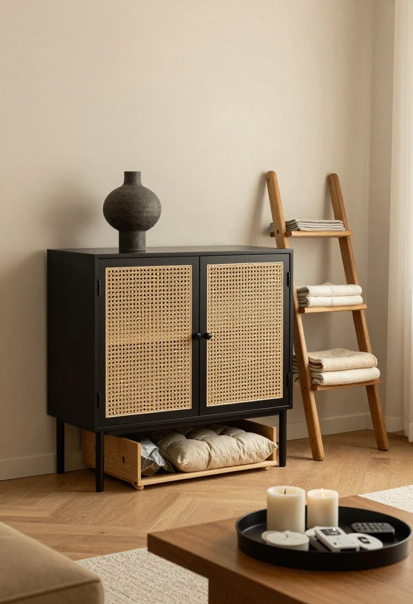 Photorealistic medium shot of style-first storage vignette: a matte black metal and cane-front cabinet with closed doors hiding clutter, a sculptural vase on top; a warm wood blanket ladder displaying two neatly draped throws; a tufted storage ottoman slightly ajar hinting at hidden pillows; an oversized tray on a low table grouping candle, remotes, and coasters into one movable unit. Tones coordinated to warm wood and matte black for cohesion. Late-afternoon natural light, cozy yet curated mood.